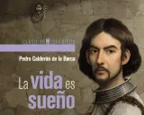 Retrato de Pedro Calderón de la Barca, autor de "La vida es sueño resumen". El fondo es una pared de piedra con un león decorativo.