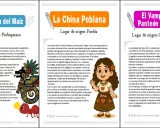 Leyendas para niños: La Leyenda del Maíz, La China Poblana y El Vampiro del Panteón de Belén. Ilustraciones coloridas acompañan estas historias.