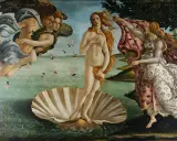 El Nacimiento de Venus, uno de los cuadros de museos famosos, muestra a Venus en una concha, con Céfiro y una ninfa a su lado.