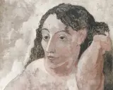 Retrato de mujer con cabello rizado oscuro, característico de la etapa rosa de Picasso.