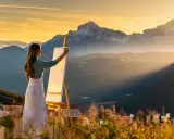 Artista realiza pintura plein air de montañas al atardecer.