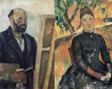 Dos retratos de Paul Cézanne: un hombre con barba y paleta, y una mujer con vestido negro en un jardín.