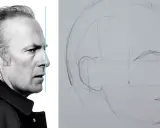 Guía visual para aprender como hacer un retrato. Muestra un rostro de perfil y un boceto inicial de un retrato.