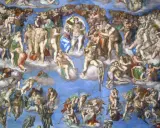 Detalle del Juicio Final, obra maestra que revela quién pintó la Capilla Sixtina: Miguel Ángel. Figuras celestiales y humanas en un cielo azul vibrante.