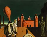 Paisaje metafísico de Giorgio de Chirico con estatuas y edificios arquitectónicos bajo un cielo oscuro.
