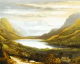 Un lago sereno entre montañas doradas, ideal para paisajes para dibujar realistas. Nubes tenues y una casa solitaria añaden detalle.