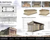 El Partenón de Atenas, un templo dórico en la Acrópolis, se muestra en planos, cortes y modelos 3D, destacando su arquitectura y sistemas constructivos.
