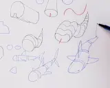 Bocetos de tiburones y formas geométricas, parte de ejercicios de dibujo.