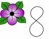 Un dibujo fácil de flores moradas con hojas verdes, junto a un símbolo de infinito.