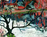Paisaje invernal con árbol desnudo y reflejos rojos vibrantes, al estilo de Maurice de Vlaminck.