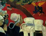 Visión de Jacob por Paul Gauguin: mujeres bretonas rezan ante un ángel luchando con Jacob.