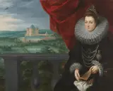 Retrato de dama con gran gorguera, joyas y abanico, con un paisaje de palacio al fondo, obra de Peter Paul Rubens.