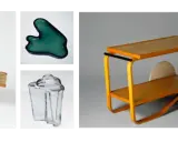 Iconos del diseño: tumbona, objetos de cristal y carritos, junto a sillas famosas de arquitectos.