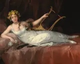 Mujer con guirnalda de flores y lira, evocando a los autores del neoclasicismo.
