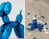 El icónico perro globo azul de Jeff Koons, intacto a la izquierda, destrozado a la derecha.