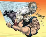 Un hombre delgado con gafas azules, típico de los robert crumb dibujos, grita mientras es llevado por una mujer musculosa.