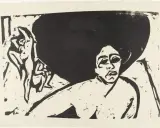 Retrato expresionista de Ernst Ludwig Kirchner. Figuras desnudas en el fondo.
