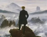 Hombre de espaldas, contemplando un paisaje brumoso y montañoso, al estilo de Caspar David Friedrich.