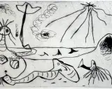 Un grabado en arte con figuras abstractas y marinas, como un pez alargado y criaturas fantásticas, en un estilo surrealista.