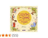 Ilustración de un libro titulado "Cuentos con amor para un mundo mejor", con niños, un príncipe y animales en un entorno floral.