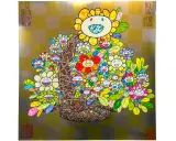 Cesta de flores sonrientes de Takashi Murakami sobre fondo dorado a cuadros.