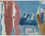 Pintura abstracta con tonos azules y rosados que evocan la inmensidad de las montañas y la calma del mar.