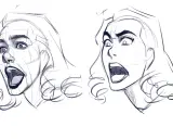 Dos dibujos de personas con expresiones de sorpresa o grito, bocetos a lápiz con líneas de construcción visibles.