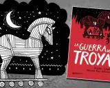 Ilustración de un caballo de Troya bajo la luna, con un libro que resume la Iliada y la Guerra de Troya.