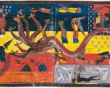 Pintura al temple de un dragón de siete cabezas luchando contra ángeles y almas.