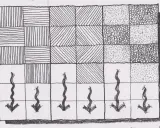 Dibujo a mano alzada de un patrón de cuadrados con diferentes texturas y flechas onduladas apuntando hacia abajo.