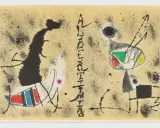 Composición abstracta con figuras biomórficas y trazos enérgicos, evocando el estilo de Joan Miró.