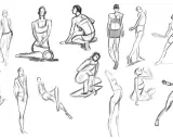Un boceto rápido de figuras humanas en diversas poses, capturando la esencia del movimiento. Un dibujo en movimiento que muestra la fluidez de la anatomía.
