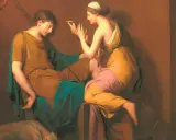 Dos mujeres, inspiradas en pintoras del Renacimiento, crean arte. Una posa mientras la otra pinta con delicadeza.
