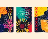 Tríptico de arte contemporáneo con rostros abstractos en líneas blancas sobre fondos vibrantes y texturas.