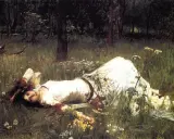 Una joven yace en un prado, rodeada de flores silvestres. El estilo de John William Waterhouse evoca un sueño etéreo en la naturaleza.