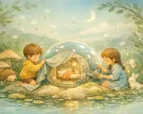 Niños cuidan un conejito en una burbuja mágica, como en cuentos con moraleja. Un erizo y setas observan.