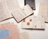 Manuscritos y diarios abiertos, como el diario de Ana Frank resumen, con escritura a mano y pequeñas ilustraciones.
