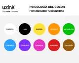 La simbología del color se explora con círculos de colores que representan: limpieza, lujo, alegría, juventud, naturaleza, confianza, tradición, suavidad y agresión.