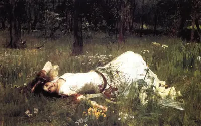 Una joven yace en un prado, rodeada de flores silvestres. El estilo de John William Waterhouse evoca un sueño etéreo en la naturaleza.
