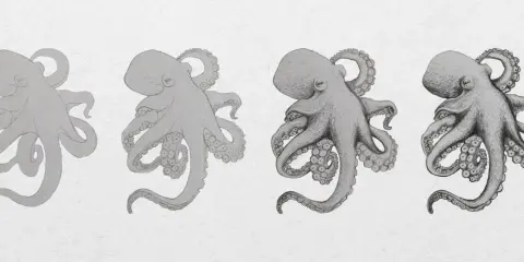Secuencia de un pulpo dibujo realista, desde un boceto simple hasta un detallado estudio de sombreado y textura.