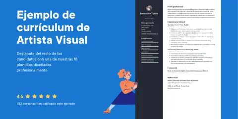 Ejemplo de currículum de artista visual. Muestra la experiencia, competencias y formación de Romualdo Torres, un artista visual con pasión por la ilustración y animación.