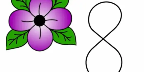 Un dibujo fácil de flores moradas con hojas verdes, junto a un símbolo de infinito.