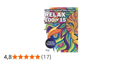 Libro de dibujos para pintar adultos "Relax 100+15" con un león colorido. Incluye paisajes, naturaleza y mandalas.