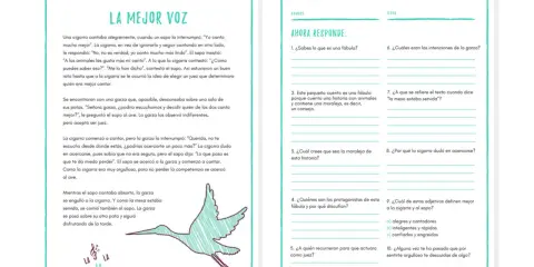 Hoja de trabajo con la fábula "La mejor voz", ideal para lectura para niños de 8 a 10 años, con preguntas de comprensión.