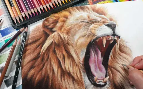Impresionantes dibujos de animales realistas a color, un león rugiendo con detalle asombroso, rodeado de lápices de colores.