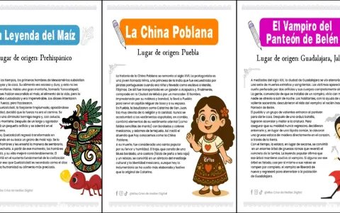 Leyendas para niños: La Leyenda del Maíz, La China Poblana y El Vampiro del Panteón de Belén. Ilustraciones coloridas acompañan estas historias.