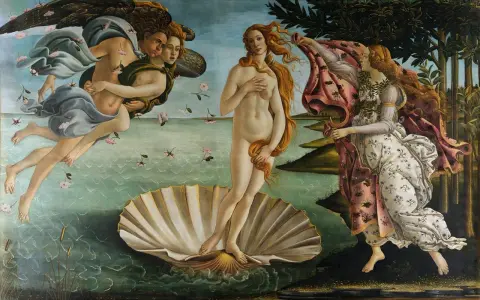 El Nacimiento de Venus, uno de los cuadros de museos famosos, muestra a Venus en una concha, con Céfiro y una ninfa a su lado.
