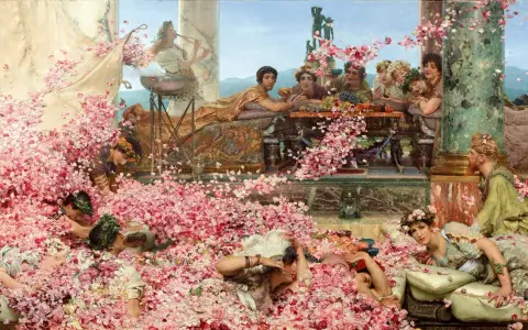 Una escena de opulencia romana, con gente sumergida en pétalos de rosa, obra de John Everett Millais.