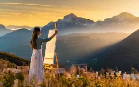 Artista realiza pintura plein air de montañas al atardecer.
