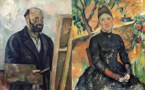 Dos retratos de Paul Cézanne: un hombre con barba y paleta, y una mujer con vestido negro en un jardín.
